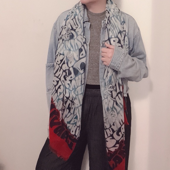 NWT Lanvin 100% Wool Logo Print Scarf Palm Trees Tropical Blue Red - Picture 3 of 12